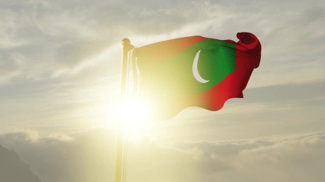Flag of The Maldives Waving in the wind, Sky and Sun Background, Slow Motion, Realistic Animation, 4K UHD 60 FPS Slow-Motion