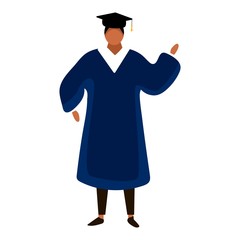 Male student in traditional graduation gown, cartoon style illustration isolated on white background. Young man in academic dress graduating from University.