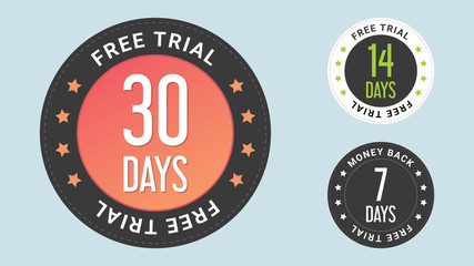 30 Free Trial stamp vector illustration.  Free trial badges. 7, 14 and 30-day stickers. Vector certificate icon. Vector combination for certificate in flat style.