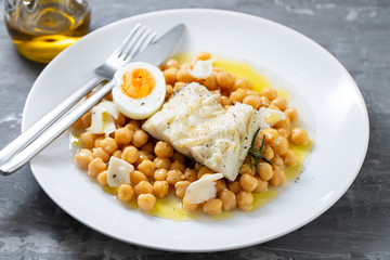 boiled cod fish with chick-pea and boiled egg
