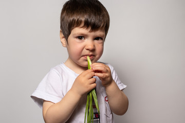 
Child boy eats fresh green onions and frowns, twists from his taste. Proper nutrition of children,...