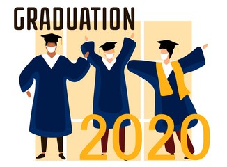 Graduated students wearing academic gown and medical masks. Celebrating university graduation 2020. Flat cartoon vector illustration.