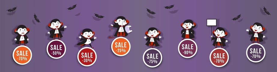 Halloween sale, discounts set of round banners with cute vampires and bats