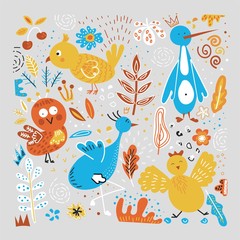 vector image of birds.drawn bright birds, children's drawing.