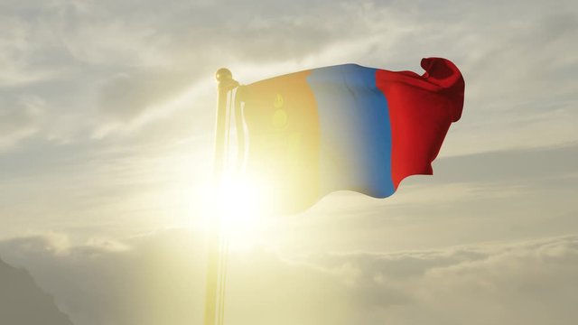 Flag of Mongolia Waving in the wind, Sky and Sun Background, Slow Motion, Realistic Animation, 4K UHD 60 FPS Slow-Motion