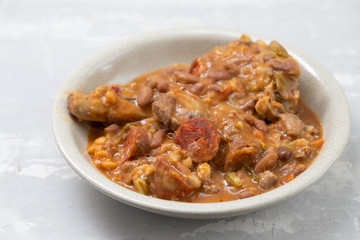 typical portuguese dish Feijoada in gray dish