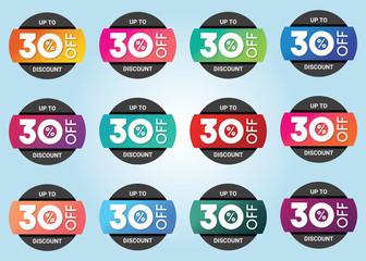 Sale tag vector badge template, 30 percent off sale label symbol, 30 discount promotion. Set of 12 beautiful color gradients.