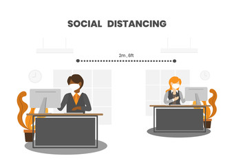 Businessman and woman wear face masks practice social distancing by working separately and keep distance away in office. COVID-19 outbreak prevention.