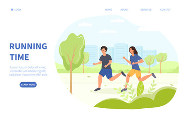 Jogging or Running Time health and fitness concept with two young joggers in a green spring park and copy space for text, vector illustration