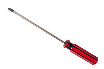 red screwdriver on isolated white background. Screwdriver with red-black handle.