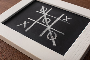 tic tac toe game on chalkboard in white frame with crossed out row of naughts