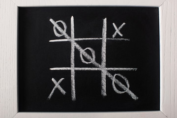 top view of tic tac toe game on blackboard with crossed out row on naughts
