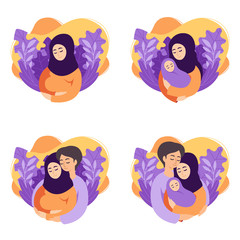 Pregnancy and parenthood concept vector illustrations. Set of scenes muslim pregnant woman, mother holding newborn, future parents are expecting baby, mother and father holding their newborn baby.
