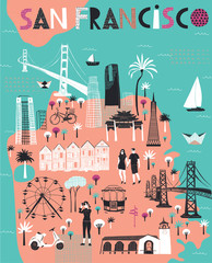 Cartoon map of San Francisco. California. Print design