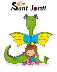 Sant Jordi traditional festival of Catalonia Spain. Dragon and princess reading. Isolated vector