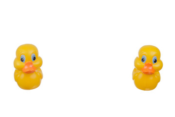 Yellow ducks with social distancing  isolated over white background. Virus outbreak prevention using unique rubber duck concept.
