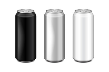 Glossy metal silver, white and black aluminium beer can. Can be used for alcohol, energy drink, soft drink, soda, fizzy pop, lemonade, cola. Vector realistic template set
