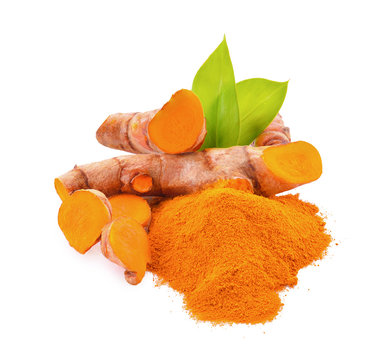Fresh turmeric and turmeric powder isolated on a white background