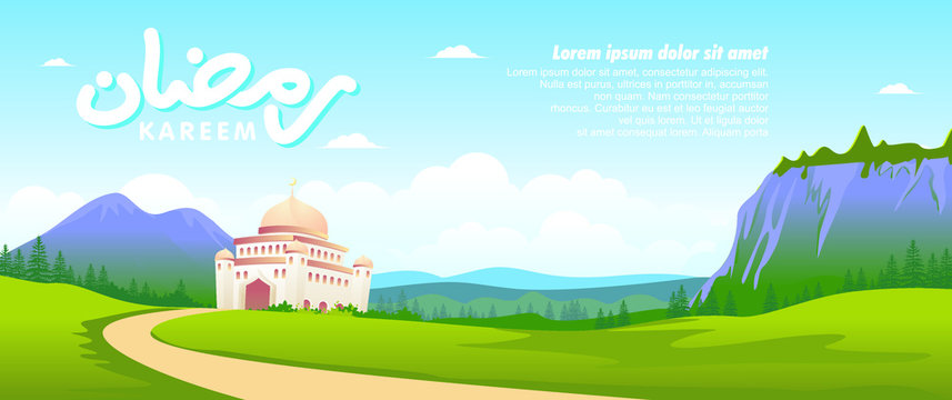 Islamic abstract greeting banners. mosque vector illustration with natural landscape. suitable for Ramadan Kareem flyer and banner background