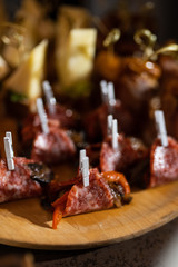 Catering. Meat snacks close-up. Different focus