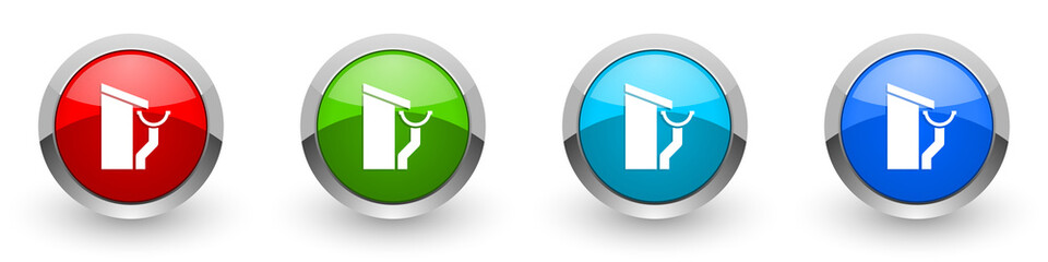 Roof and gutter silver metallic glossy icons, guttering home concept set of modern design buttons for web, internet and mobile applications in four colors options isolated on white background
