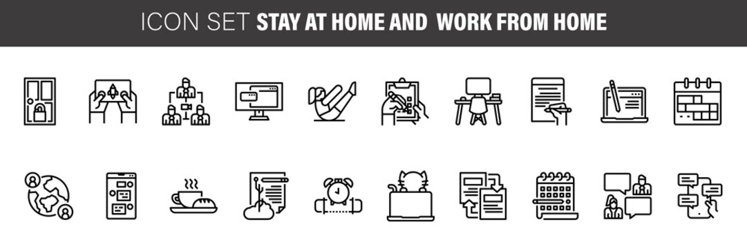 Work From Home Line Icon Set. Included Icons As Self Quarantine, Stay Home, Working, Online, Video Conference, Office And More.