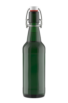 16 oz Green Glass Beer Bottle with Flip or Swing Top Stopper. 3D Render Isolated on White Background.