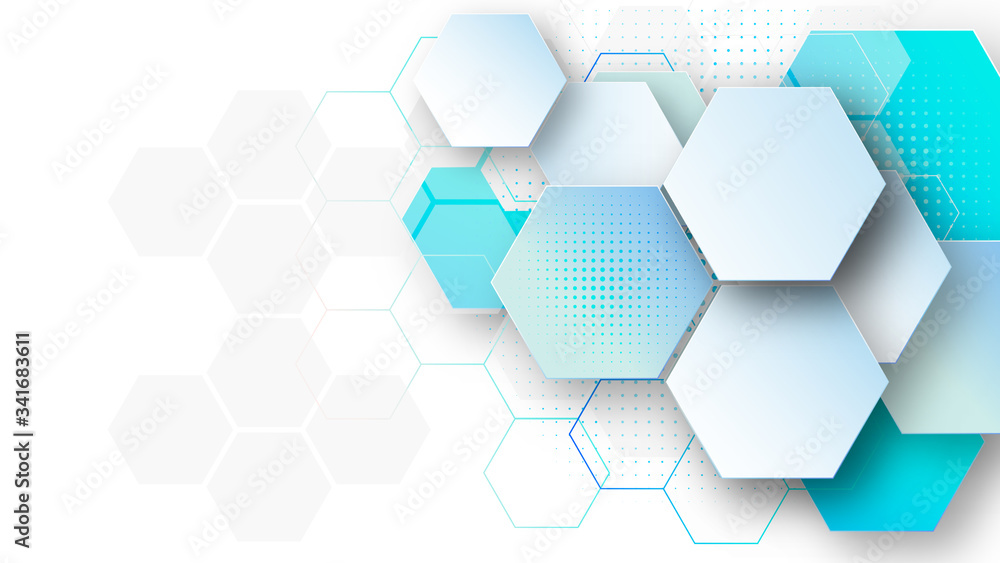 Poster abstract background template science and technology presentation, hexagonal shape with blue and soft