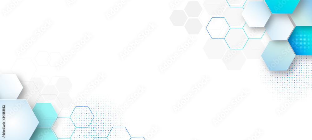 Poster abstract background template science and technology presentation, hexagonal shape with blue and soft