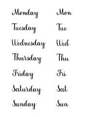 Set of handwritten days of the week. Black vector text elements isolated on white background. Calligraphy script style