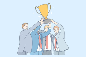 Success, win, celebration, goal achievement, business concept. Team of young happy businessmen clerks managers leaders cartoon characters hold golden cup together. Reaching purpose and victory vector.