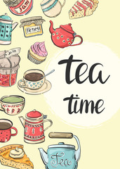 Tea time. Flyer / banner with cups, teapots and sweets