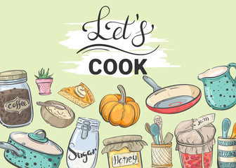 Let's cook. Banner with cooking utensils and food