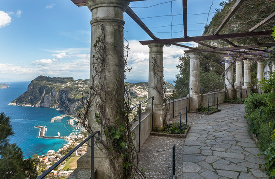 Loggia with panoramic view on town Capri in Villa San Michele in Anacapri on island Capri, Italy