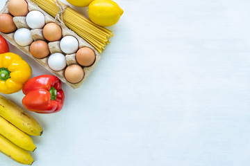 Beautifully laid out products, fruits and vegetables on the table