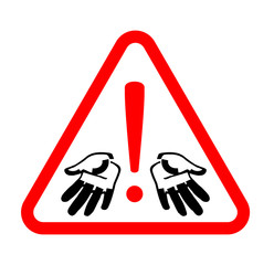 Caution - dirty hands! Danger of infection. The sign in a simplified form. Warning sign with a pair of dirty hands in sketch style. A reminder to wash your hands. Vector isolated illustration.