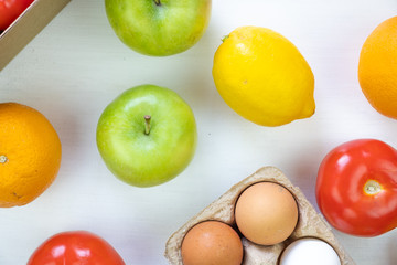 Beautifully laid out products, fruits and vegetables on the table