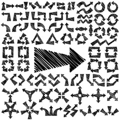 Big set of cartoon arrows. Black isolated on white background. Vector illustration.