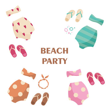 Lingerie and swimsuits vector flat set. Different types of women's beach fashion clothes, swimwear. Summer party on the beach. simple summer banner