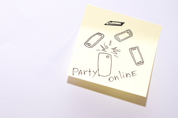 Party online, a group of smartphones and phones. Online chat. Drawing with marker on sticker. Copy space