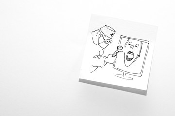 Sketch, caricature. A dentist treats a patient online. Freelance work