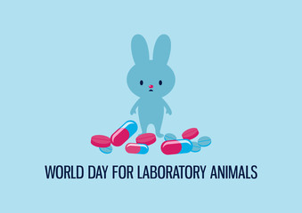 Fototapeta premium World Day for Laboratory Animals vector. Laboratory rabbit with drugs vector. Sad experimental rabbit cartoon character. Experimental animal and pills icon. Stop animal testing vector. Important day