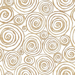 Abstract seamless pattern with 3d golden glittering acrylic paint round spiral circles on white background