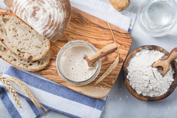 The leaven for bread is active. Starter sourdough ( fermented mixture of water and flour to use as...