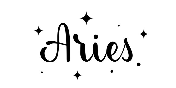 Aries. Handwritten name of sign of zodiac. Modern brush calligraphy style. Black vector text isolated on white background with star elements