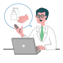 医師　医者　男性　パソコン  アルコール消毒