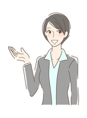 笑顔で手のひらを差し出す女性