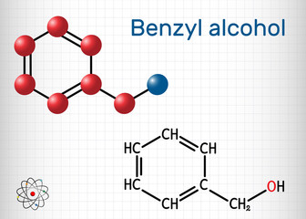 Benzyl alcohol, C7H8O molecule. It is aromatic alcohol, is used as local anesthetic and in perfumes, in cosmetic formulations. Sheet of paper in a cage