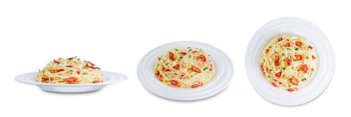 Bacon garlic parsley pasta on a white isolated background