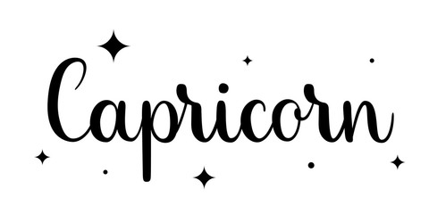 Capricorn. Handwritten name of sign of zodiac. Modern brush calligraphy style. Black vector text isolated on white background with star elements
